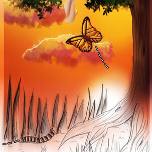 A caterpillar is crawling towards the roots of a tree. Above it, a monarch butterfly is flying up to a cocoon. The sky is orange (sunset). The top of the piece is colored and finished, while the bottom is only sketched.