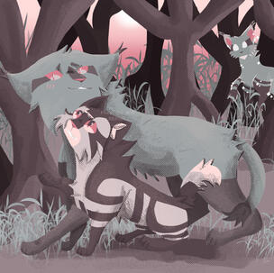 An agouti she-cat named Ebonysong looks down affectionately at Beepaw, a tabby she-cat. Behind them is a spirit agouti tom named Sootstalk looks at them. It is setted in a mangrove forest, and the whole piece is in a pink, gray, and brown palette.