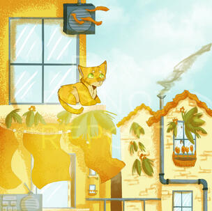 An orange cat with green eyes sits on a windowsill looking over a solarpunk city. It's sunny and bright, and the buildings have pipes, flowers (including on windowsills), leaves, fans, radios, etc on their sides. Smoke comes from a chimney on a building.