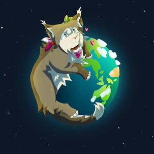 A light brown and cream cat with a darker brown stripe down her back and light blue eyes named Kestrel is lying on a globe in space. Her paws and tail are tucked around the globe in affection.