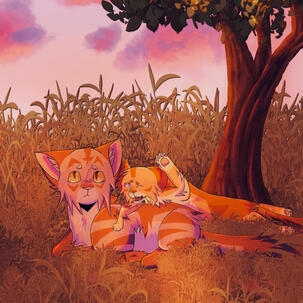 An orange tabby cat named Driftpaw holds yellow flowers in his mouth and is lying on gray tabby cat with a scar on his face named Snailheart. The two are in a grassy plain with a tree behind them during sunset.