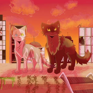 A light gray tomcat with green and blue eyes and scratches on his chest stands next to a brown Longhair tomcat with yellow eyes on top of a building. It is sunset behind them, and there are buildings with slime, busted glass, blood, ect.