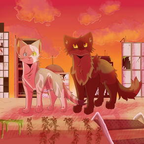 A light gray tomcat with green and blue eyes and scratches on his chest stands next to a brown Longhair tomcat with yellow eyes on top of a building. It is sunset behind them, and there are buildings with slime, busted glass, blood, ect.