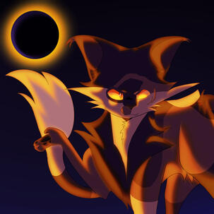 A tortie tomcat with amber eyes named Sol stands menacingly in front of a solar eclipse.