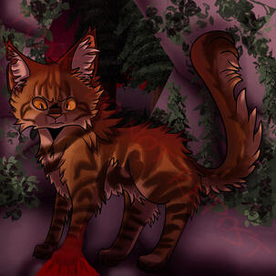 A golden tabby tom cat named Lionblaze is standing menacingly in a cave with a blood-stained paw. He has long fluffy fur, amber eyes, and tufted ears. Ivy can be seen a long the walls of the cave, and there is a twilight sky as well as pine trees outside.