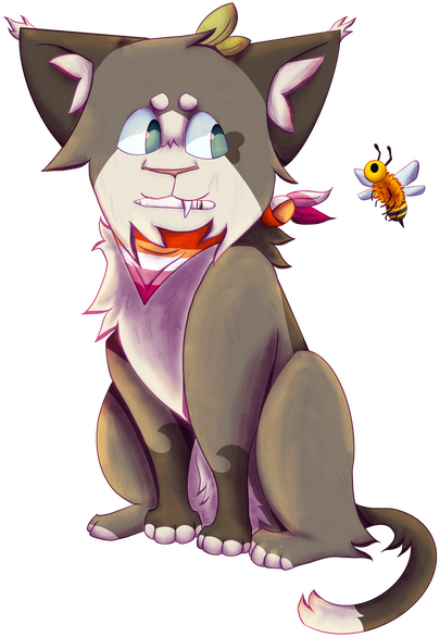 A light brown she-cat with light blue eyes and a stripe down her back. She has an Apple Pencil (Gen 1) in her mouth, a bandanna on her neck, and leaves in her ear. Her eyes are looking at a bee floating to the right of her